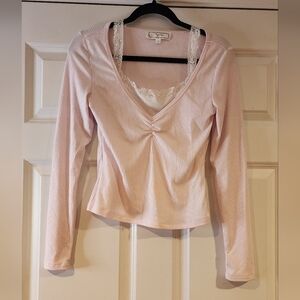 Hippie Rose Light Pink Ribbed Long Sleeve V-Neck Top with Lace Trim